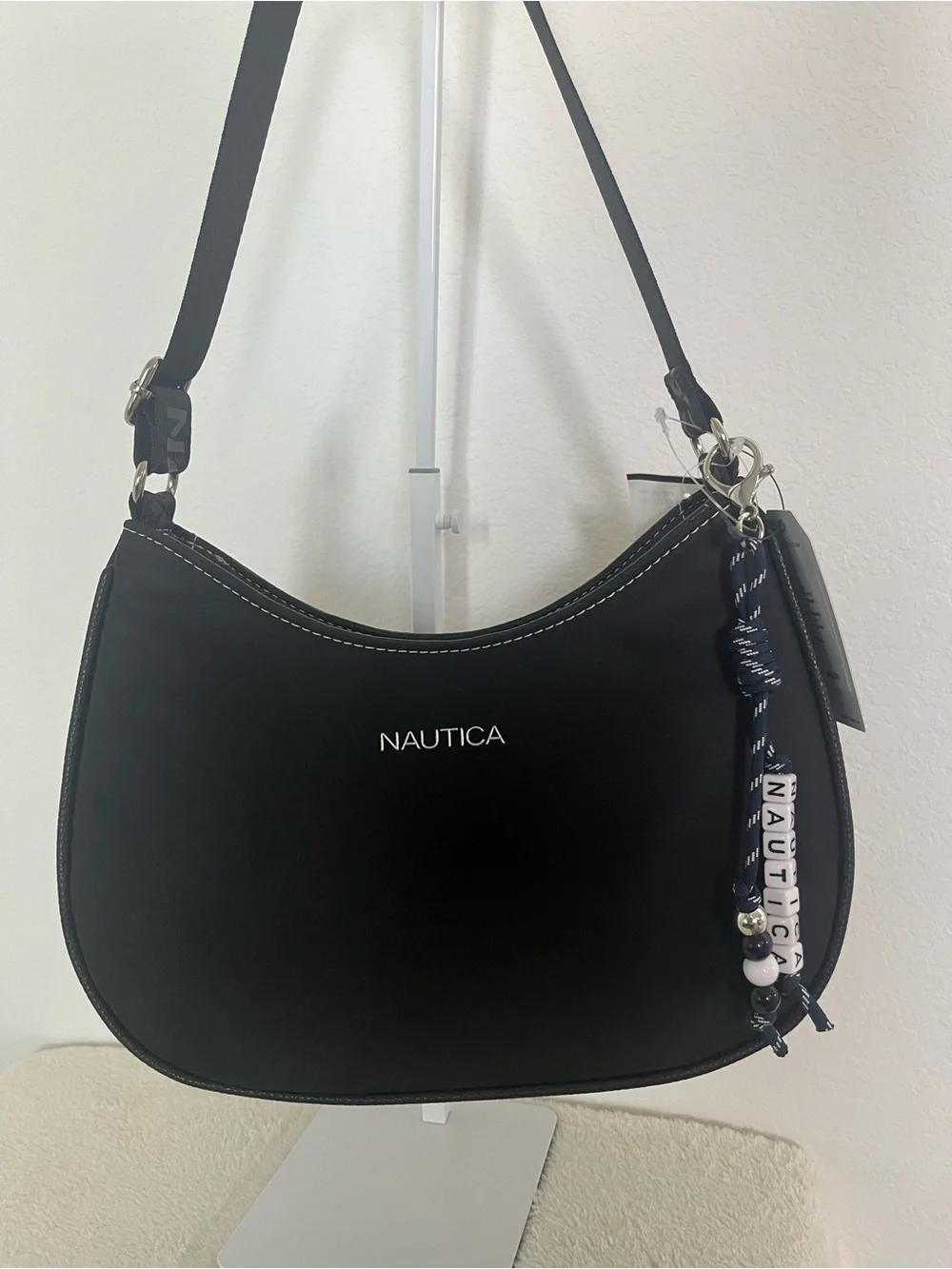 Nautica Black Crescent Shoulder Bag with Nautical Bead Tassel